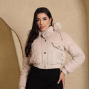 Jaqueta Puffer Cotelê Canelado Forrada Peluciada Feminina Com Capuz Removível Cropped Tendencia