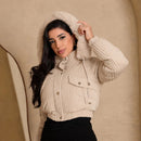 Jaqueta Puffer Cotelê Canelado Forrada Peluciada Feminina Com Capuz Removível Cropped Tendencia