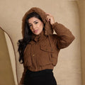 Jaqueta Puffer Cotelê Canelado Forrada Peluciada Feminina Com Capuz Removível Cropped Tendencia