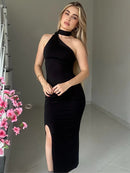 Vestido Feminino Longo Festa Um Ombro Só Gola Alta Fenda Suplex Elegante