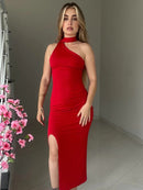 Vestido Feminino Longo Festa Um Ombro Só Gola Alta Fenda Suplex Elegante
