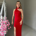 Vestido Feminino Longo Festa Um Ombro Só Gola Alta Fenda Suplex Elegante