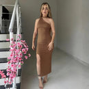 Vestido Feminino Longo Festa Um Ombro Só Gola Alta Fenda Suplex Elegante