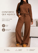 Conjunto Feminino Inverno 2026 Manga Longa Gola Alta Tecido Canelado Texturizado Elegante Premium