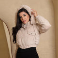 Jaqueta Puffer Cotelê Canelado Forrada Peluciada Feminina Com Capuz Removível Cropped Tendencia