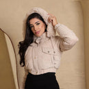 Jaqueta Puffer Cotelê Canelado Forrada Peluciada Feminina Com Capuz Removível Cropped Tendencia