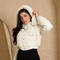 Jaqueta Puffer Cotelê Canelado Forrada Peluciada Feminina Com Capuz Removível Cropped Tendencia