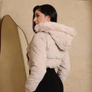 Jaqueta Puffer Cotelê Canelado Forrada Peluciada Feminina Com Capuz Removível Cropped Tendencia